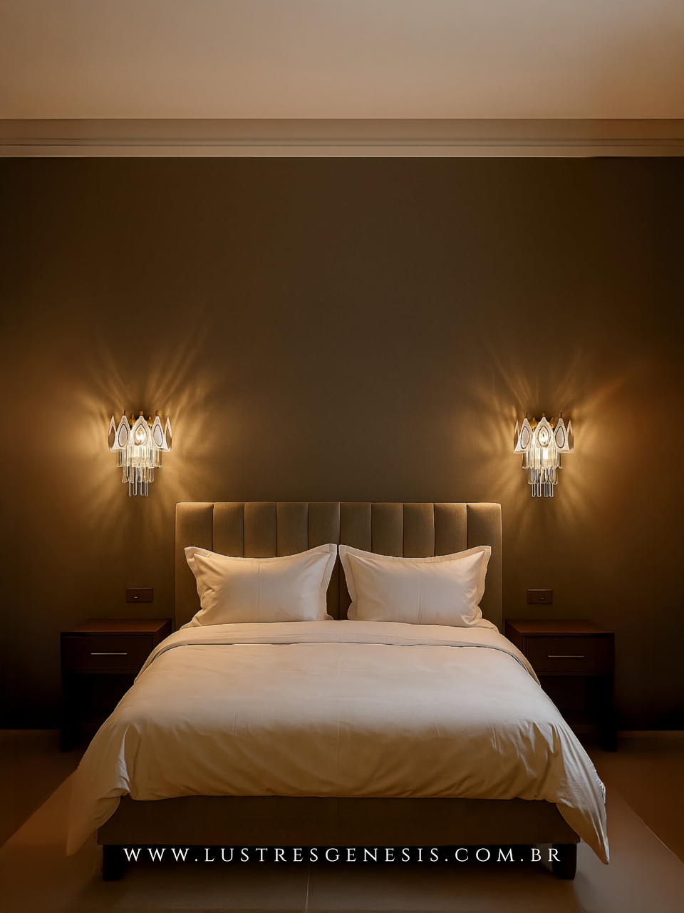 Lumin&aacute;ria de parede interna Am&eacute;lie dourada com cristais, ideal para cabeceira de cama, corredor, quartos e lavabos, estilo contempor&acirc;neo.